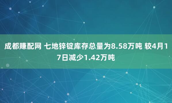 成都赚配网 七地锌锭库存总量为8.58万吨 较4月17日减少1.42万吨